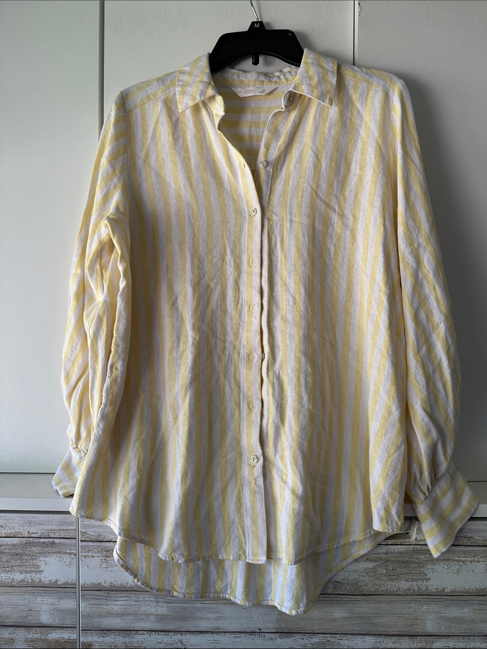 💛 NWT LC Lauren Conrad Linen Blend Yellow White Stripe Button Shirt Large